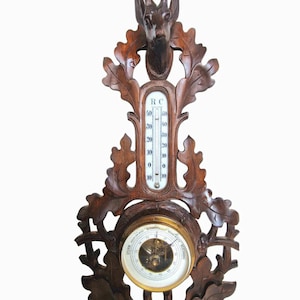 Antique Art Nouveau Holosteric Barometer, German Carved Oak Weather Station