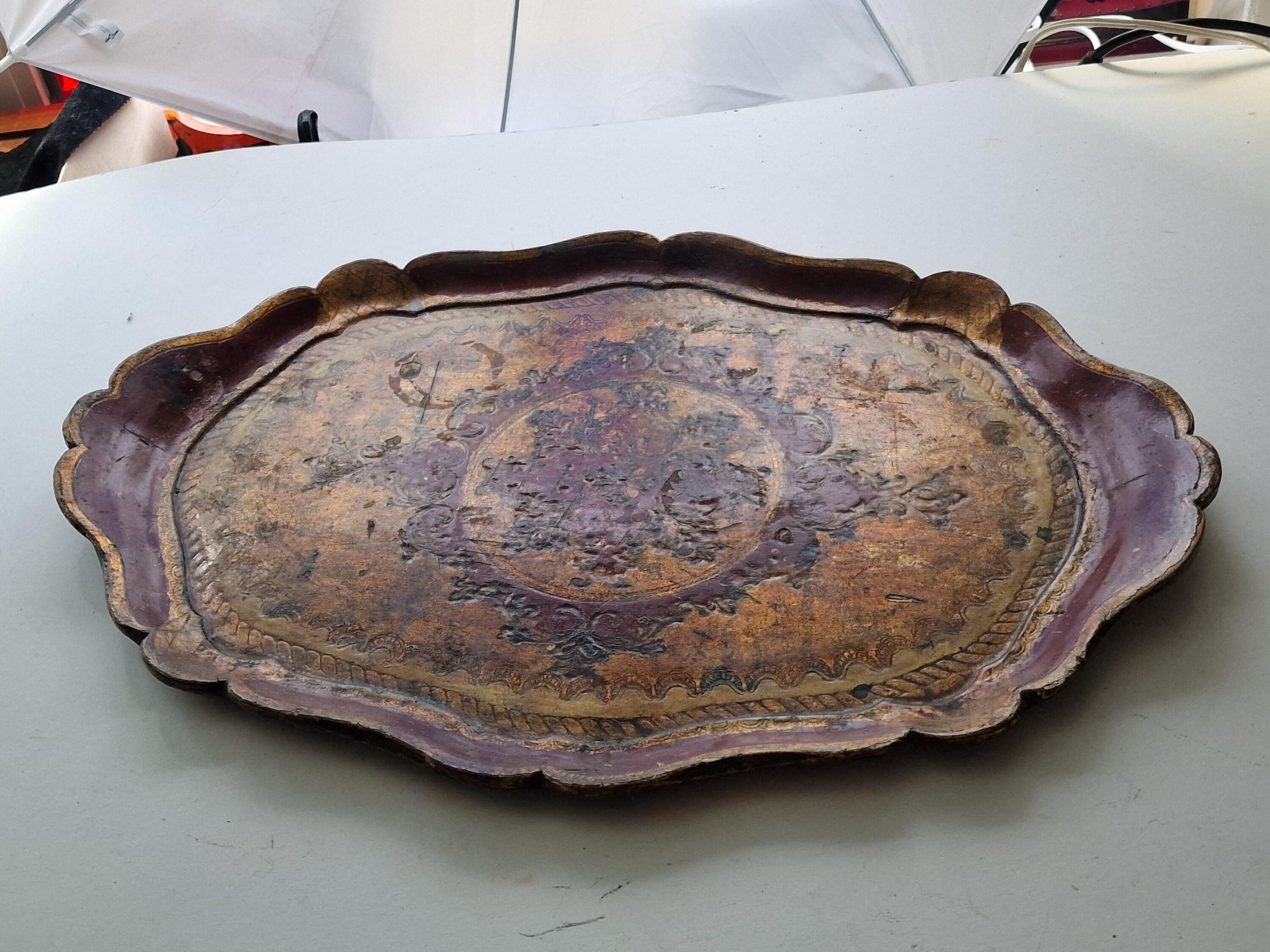 Large Vintage Italian Florentine Oval Tray in Gold and Red, Wood, 1960s ...