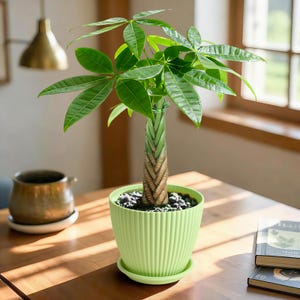 May include: A money tree plant with a braided trunk and vibrant green leaves, potted in a light green, vertically ribbed plastic planter with a matching saucer, filled with dark decorative stones on top of the soil surface.