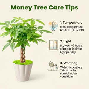 May include: A Money Tree Care Tips infographic featuring a braided-trunk money tree in a white pot with green moss. Text includes: 1. Temperature 65-80&deg;F (18-27&deg;C), 2. Light: 1-2 hours of bright, indirect light per day, 3. Watering: once every 7 days.