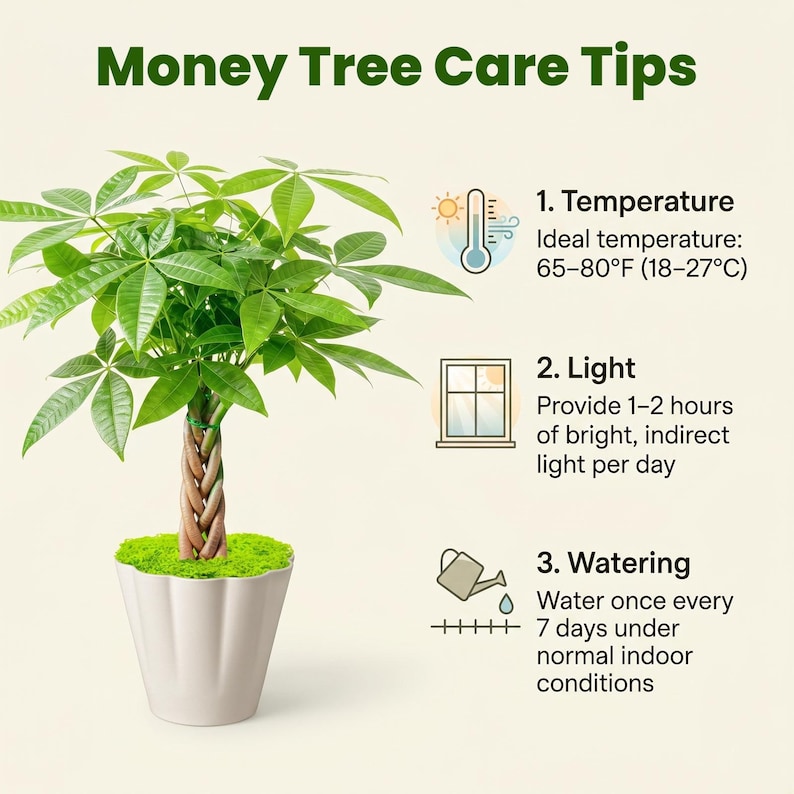 May include: A Money Tree Care Tips infographic featuring a braided-trunk money tree in a white pot with green moss. Text includes: 1. Temperature 65-80&deg;F (18-27&deg;C), 2. Light: 1-2 hours of bright, indirect light per day, 3. Watering: once every 7 days.