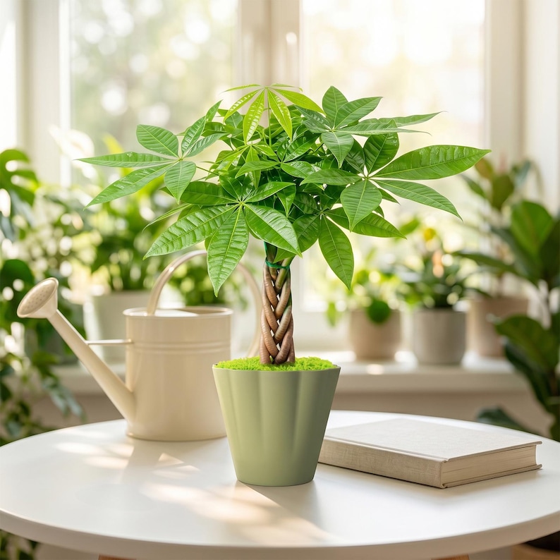 May include: A Pachira aquatica money tree with a braided trunk and vibrant green palmate leaves, potted in a sage green fluted ceramic planter. The plant sits on a white surface next to a cream-colored watering can and a closed beige book.
