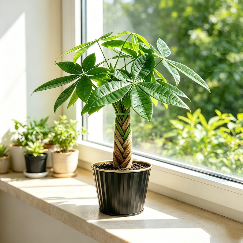 May include: A money tree plant with a braided trunk and vibrant green palm-like leaves, potted in a black, vertically ribbed container with a gold-toned rim. The plant is positioned upright, displaying a dense canopy of foliage and dark soil.