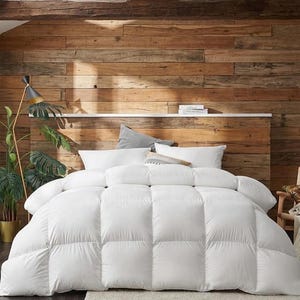 Può includere: Un piumino bianco trapuntato su un letto. Il piumino presenta un motivo quadrato. Il letto è contro un muro di legno. I cuscini sono visibili. La stanza ha una palette di colori neutri.