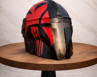Capacete Mandaloriano Medieval Inspirado em Star Wars ~ Artesanal Preto e Vermelho de Caçador de Recompensas, Capacete Mandaloriano de Ficção Científica para Cosplay, Item para Exibição e Presente