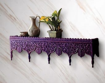 Handgeschnitztes Wandregal aus Teakholz: Antikes Blumenmuster, Vintage Boho Dekor