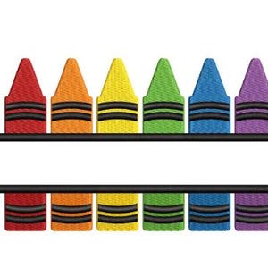 May include: A colorful design featuring six crayons in red, orange, yellow, green, blue, and purple. Each crayon has a black band around its body. The crayons are arranged on a black line, with a second black line below them.