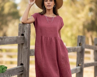 Linen Maxi Dress for Women – Loose Summer Linen Dress, Boho Linen Dress with Pockets, Casual Cottagecore Dress, Plus Size Linen Dress