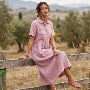 Letnia sukienka dla kobiet – luźna sukienka maxi w stylu Cottagecore z lnu, sukienka midi zapinana z przodu na guziki, minimalistyczna sukienka w naturalnym stylu