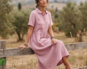 Abito estivo da donna – Abito lungo ampio in stile cottagecore in lino, abito midi con bottoni sul davanti, abito minimalista naturale
