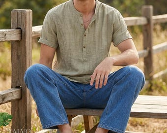 Men’s Short Sleeve Linen Henley Shirt – Breathable Summer Beach Top, Casual Relaxed Fit Tee, Minimalist Boho Linen Clothing