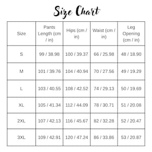 May include: A size chart for pants, with measurements in both centimeters and inches. The chart includes sizes S to 3XL, detailing pants length, hips, waist, and leg opening dimensions. The title "Size Chart" is in a decorative script.