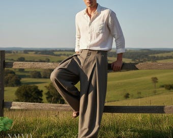 Men’s Wide Leg Pleated Trousers – Loose Fit Slacks, Vintage Tailored Pants, Minimalist Streetwear, Baggy Straight Leg Pants