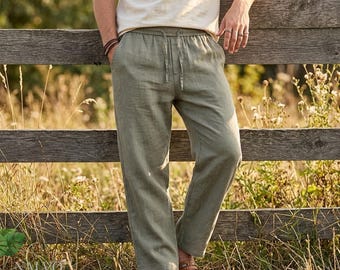 Men’s Breathable Linen Lounge Pants – Relaxed Fit Drawstring Summer Trousers, Airy Beachwear, Minimalist Comfort Travel Bottoms