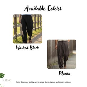 May include: Image showcasing two pairs of pants in different colors. The text "Available Colors" is at the top. The left image shows black pants labeled "Washed Black." The right image displays mocha-colored pants labeled "Mocha."