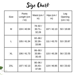 May include: A size chart for pants, with measurements in both centimeters and inches. The chart includes sizes M, L, XL, and 2XL, detailing pants length, waist, hips, and leg opening measurements. The text "Size Chart" is at the top.