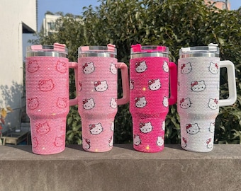 Vaso térmico hecho a mano con diseño de gatito de 1,18 litros (40 oz) / Taza rosa estilo Stanley / Taza Stanley / Taza personalizada / Taza de viaje