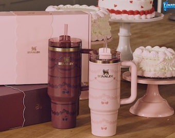 Vaso estético de cereza de 40 oz con asa y pajita, taza de café bonita, taza Stanley, regalo para ella