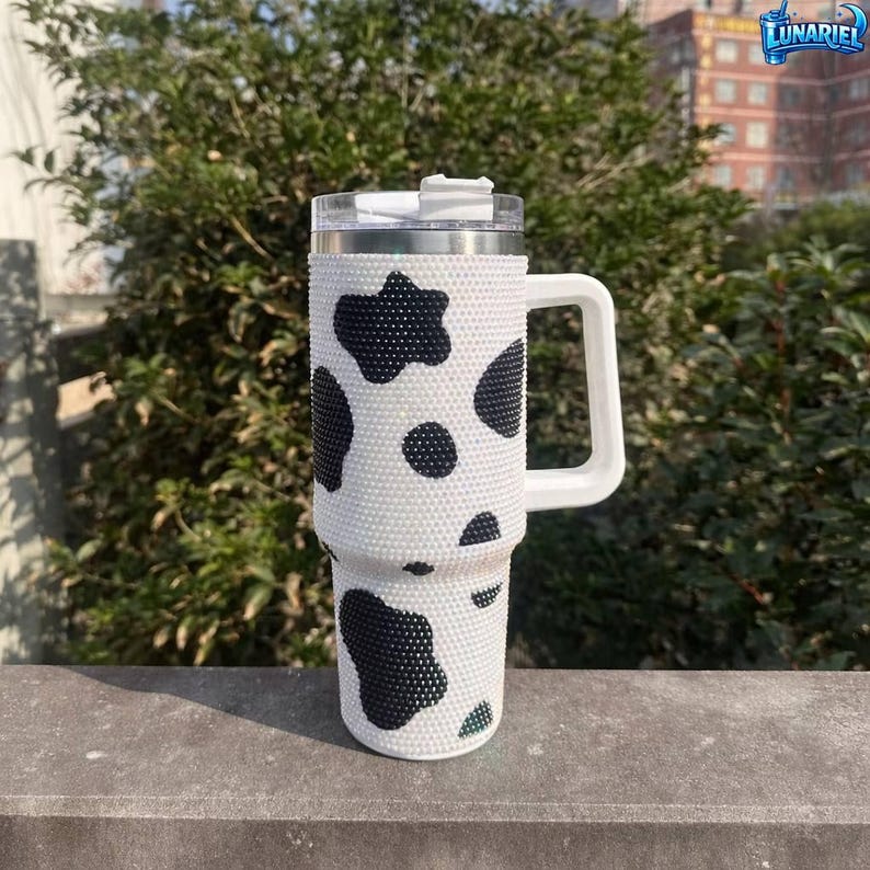Cow Print Rhinestone Tumbler 40 oz, Stanley cup, Custom cup, Car Mug, gift for her, travel cup Black