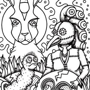 May include: Black and white illustration featuring a rabbit, a figure in a plague doctor mask, a worm-like creature, and a skull. The artwork is detailed with cross-hatching and intricate patterns, creating a whimsical and slightly eerie aesthetic.