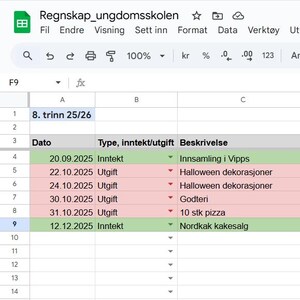 Può includere: Uno screenshot di un foglio di calcolo con dati finanziari, tra cui date, descrizioni e importi. Il foglio di calcolo è in un browser web, con un logo Planla Norge visibile. Viene visualizzato il saldo totale.