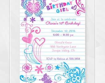 Editable Notebook Doodles Tween Birthday Invitation I Instant Etsy