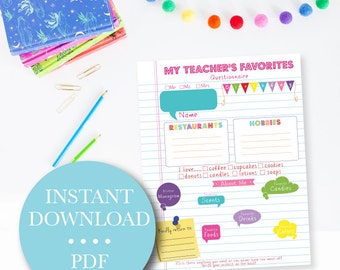 Teacher's Favorites Questionnaire - New Teacher - Back to School - Getting to know - Teacher's Favorites Questions Printable - Digital File