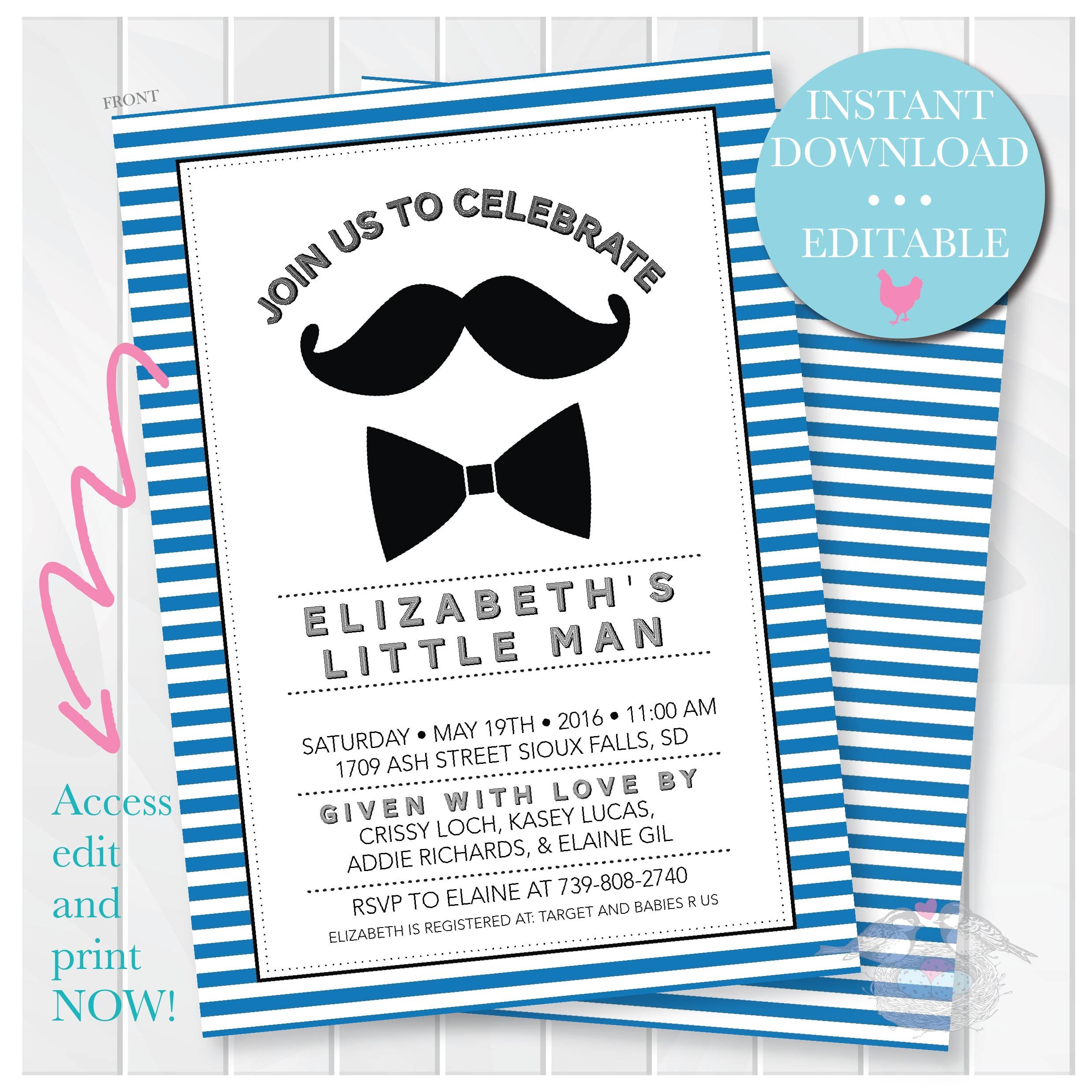 Editable Mustache And Bow Tie Baby Shower Invitation Little Etsy