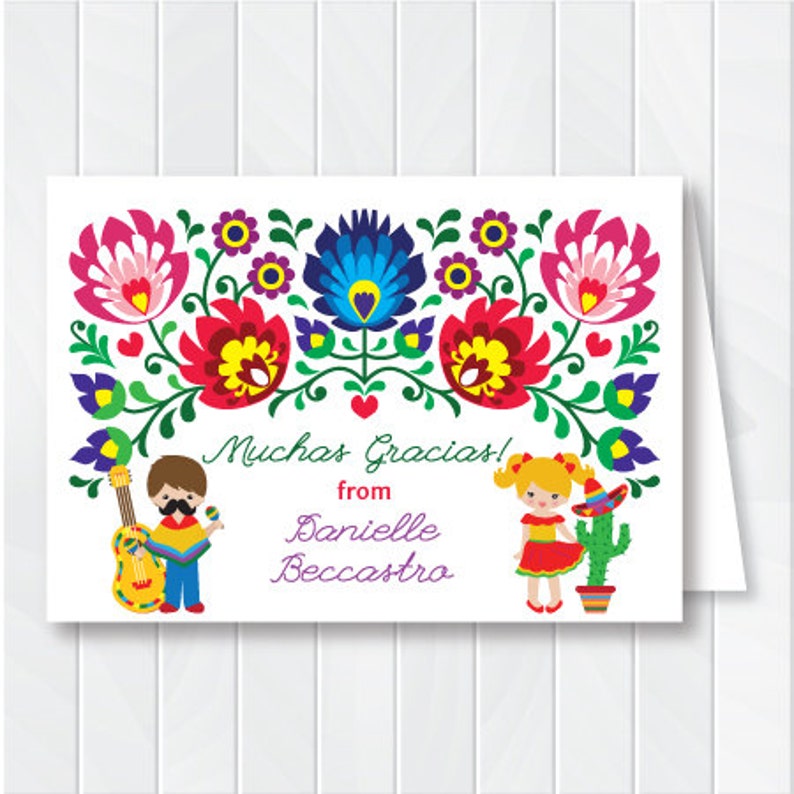 Printable Thank You Note Card #6002 Mexican Flowers Children Fiesta Card Kids Cinco de Mayo Stationery Mexican Fiesta Thank You