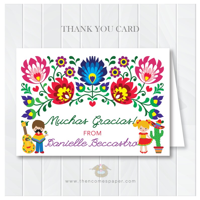 Printable Thank You Note Card #6002 Mexican Flowers Children Fiesta Card Kids Cinco de Mayo Stationery Mexican Fiesta Thank You