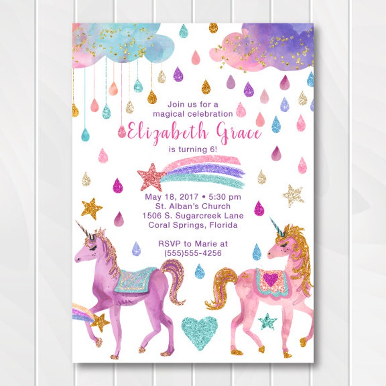 Glitter Unicorn Birthday Invitations Gold Birthday Etsy