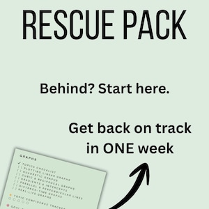 Peut inclure: Un guide d'étude vert clair intitulé "GCSE MATHS RESCUE PACK" avec du texte noir. Le guide comprend une liste de contrôle des sujets de mathématiques et le texte "Get back on track in ONE week".