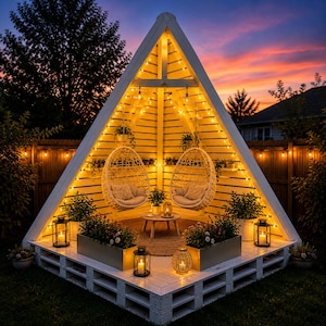 May include: A white wooden outdoor structure with a triangular roof, featuring two hanging wicker chairs with cushions. The space is decorated with string lights, potted plants, and lanterns, creating a cozy ambiance. The background shows a colorful sunset.