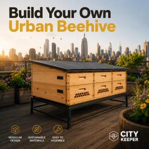 以下が含まれることがあります： 黒い屋根と金属製のスタンドを備えた木製の養蜂箱。Build Your Own Urban BeehiveおよびCity Keeperというテキストが記載されています。モジュール式のパネル、通気孔、黒いハンドルがあり、都市のスカイラインを背景に設置されています。