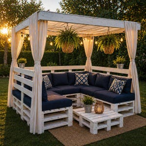Puede incluir: Zona de estar al aire libre con una pérgola de madera blanca. Cuenta con un sofá seccional con cojines azul marino y almohadas decorativas. Plantas colgantes y luces de cadena crean un ambiente relajante. También hay una pequeña mesa de centro y cortinas.