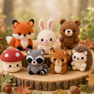 Amigurumi-mönsterpaket utan sömnad, virkmönster för skogsdjur i PDF-format, räv, björn, kanin, igelkott, tvättbjörn, ekorre, svamp, minidjur för nybörjare