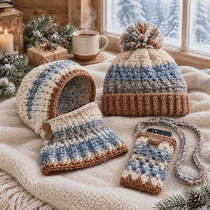 May include: A crochet set featuring a beanie with a pom-pom, a buttoned cowl, and a crossbody phone pouch. Each item is crafted in a striped pattern of cream, light blue, grey, and brown yarn, with wooden buttons on the cowl and phone pouch.