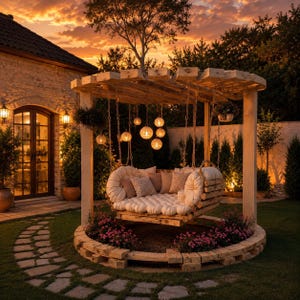 May include: A wooden swing seat with cream cushions and pillows suspended from a wooden pergola. The swing is set within a circular flower bed with pink flowers. Decorative globe lights hang from the pergola, with a house and trees in the background.