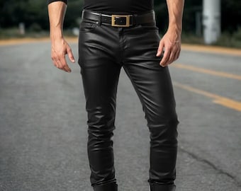 Schwarze Lederhose für Herren - Normale Passform, hochwertiges Leder, stilvolle Motorrad- und Bikerhose, moderne Freizeit- und Partykleidung