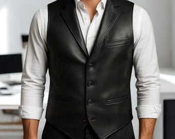 Men’s Black Leather Waistcoat Vest – Classic Formal Button Front Style