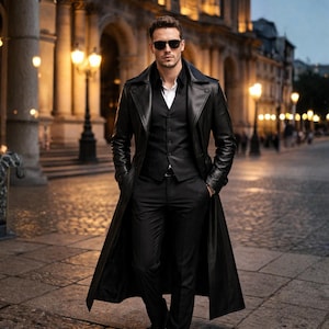 Puede incluir: Un hombre con un abrigo largo de cuero negro, traje negro y gafas de sol, de pie en una calle adoquinada. El abrigo largo, con solapas cl&aacute;sicas, llega hasta los tobillos. El fondo muestra un edificio europeo y farolas, creando una escena urbana.