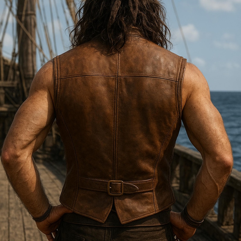 May include: A brown leather vest with a buckle closure. The vest has a tailored fit and visible stitching details. The image shows the back of the vest, with the sea and a wooden deck in the background. The vest appears to be made of high-quality leather.