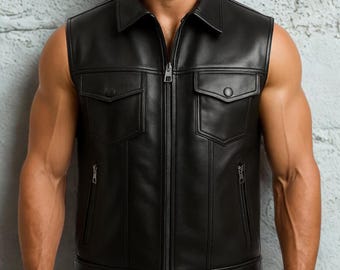 Gilet in pelle nera con cerniera da uomo – Gilet in pelle senza maniche in stile motociclista