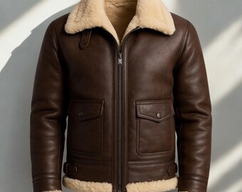 Chaqueta de aviador de piel de oveja marrón para hombre / Chaqueta bomber B3 de piel de oveja