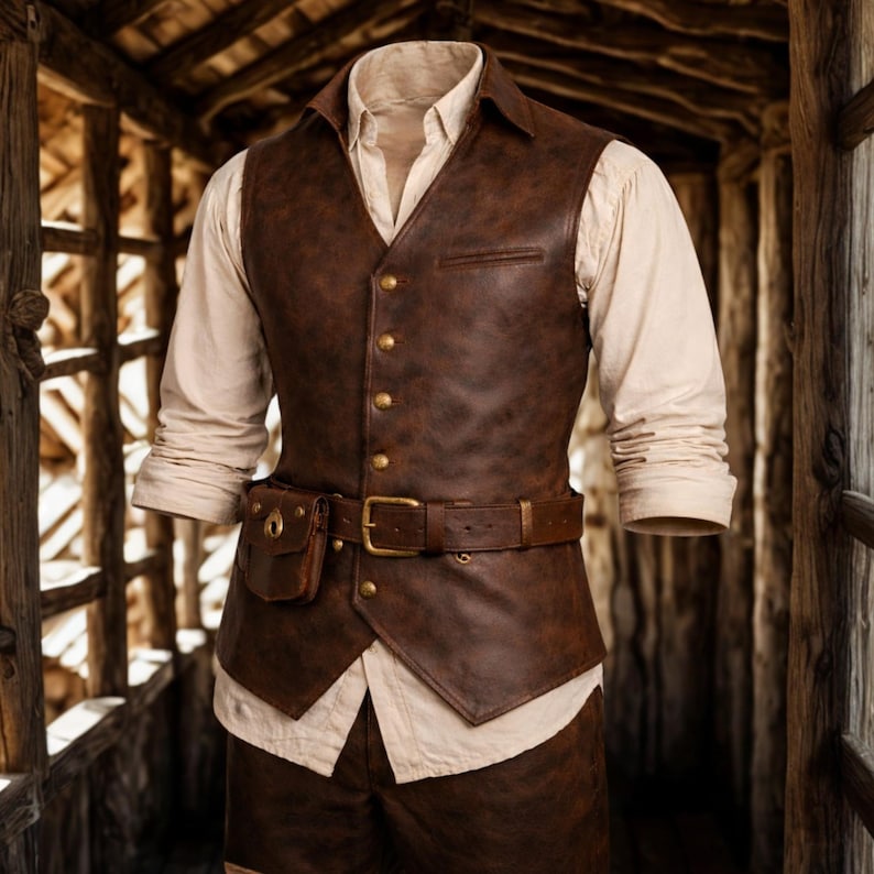 Pode incluir: Um colete de couro castanho com bot&otilde;es dourados, um cinto a condizer e uma pequena bolsa. O colete &eacute; sobreposto a uma camisa creme com gola. O conjunto evoca um estilo vintage ou steampunk.