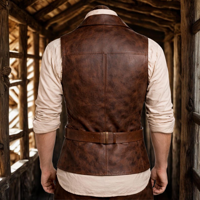 Pode incluir: Um colete de couro castanho com cinto, usado sobre uma camisa de manga comprida creme. O colete tem um design cl&aacute;ssico com um ajuste sob medida. A imagem &eacute; tirada de tr&aacute;s, mostrando os detalhes e a textura do colete. O fundo &eacute; uma estrutura de madeira r&uacute;stica.