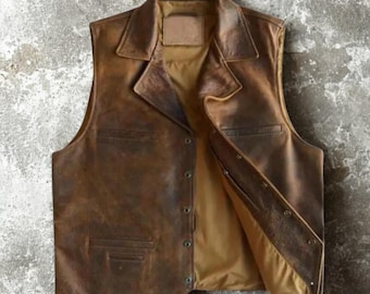 Unisex Distressed Brown Leather Vest – Vintage Biker Style Sleeveless Jacket