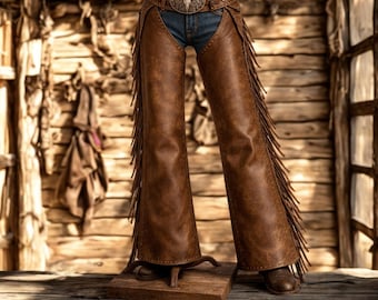 Womens Brown Leather Chaps, Western Fringe Chaps, Cowgirl Rodeo Chaps, Motorcycle Chaps, Country Concert Outfit, Western Costume Pants
