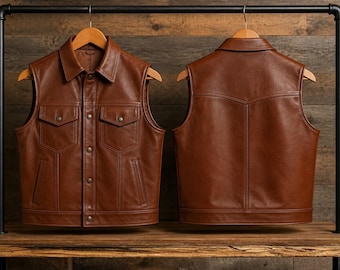 Mens Brown Leather Trucker Vest | Classic Western Leather Vest | Motorcycle Biker Vest | Cowboy Ranch Vest | Handmade Gift