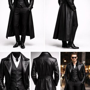 Puede incluir: Un abrigo largo de cuero negro con chaleco y pantal&oacute;n a juego. El abrigo largo tiene solapas con muescas y cintur&oacute;n en la cintura. El conjunto incluye una camisa blanca y zapatos negros.